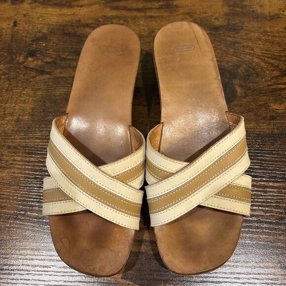 Coach Clogs Cognac Wood Platform Mules Slide Eliana Tropical Sandals Sz 7 - Picture 2 of 7